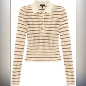 Rag & Bone Knit Striped Cream and Brown Women's Polo Top, XS